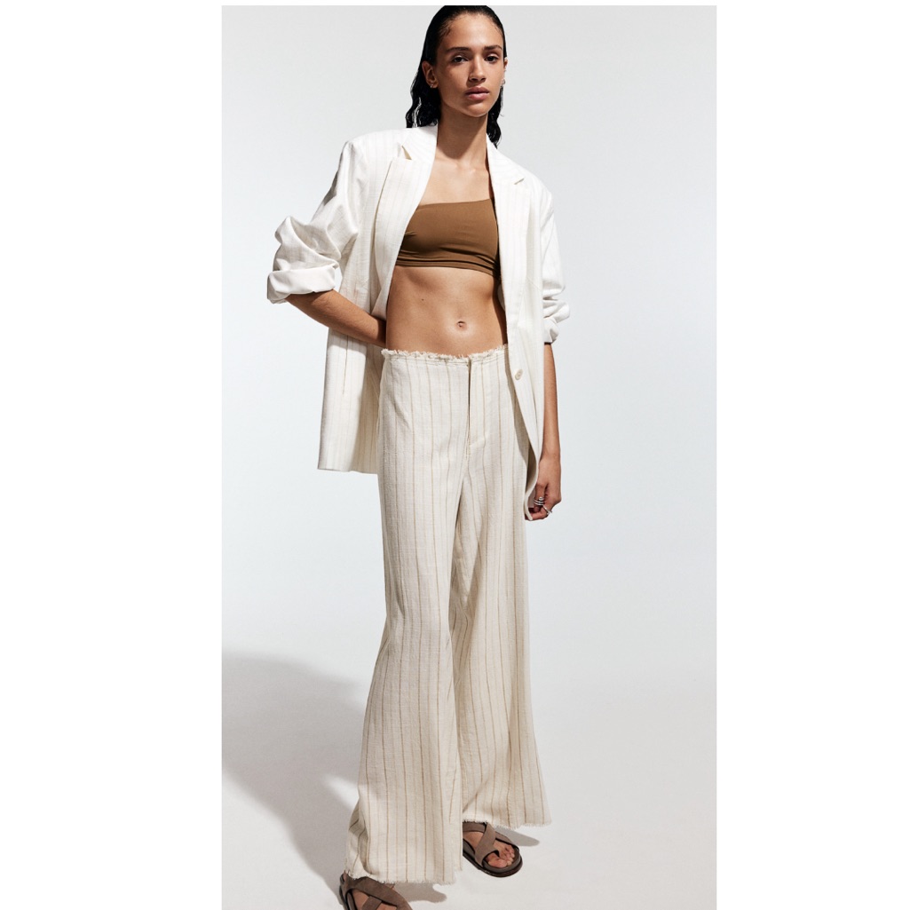 H&M Frayed Edge Linen Blend Pants In Ivory W Stripes.